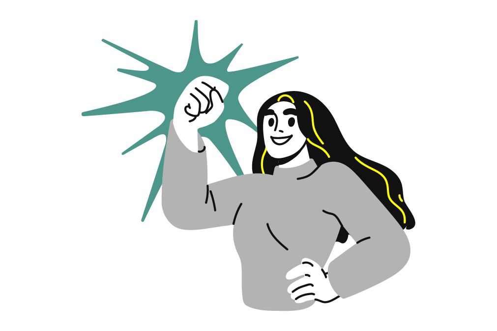 an illustration of a woman happily punching the air with the other hand on her waist, showing a positive power pose