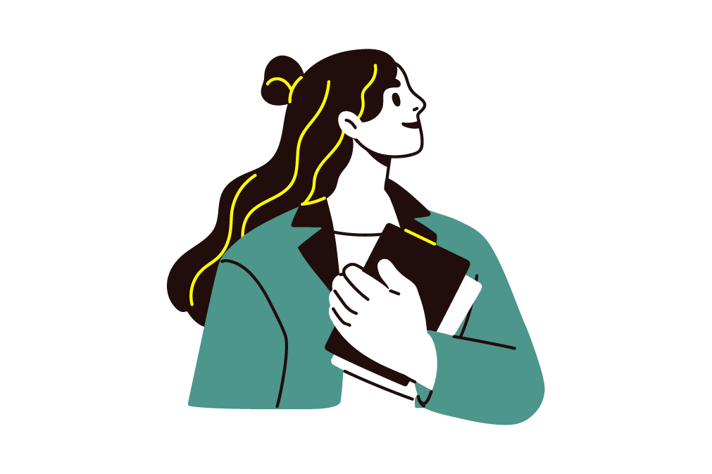 an illustration of a woman thinking whilst clutching a book